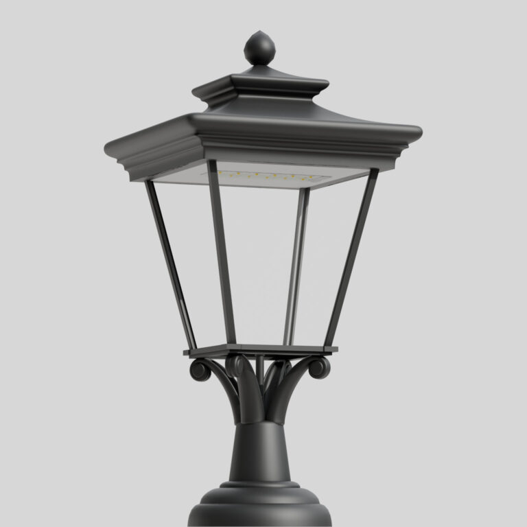 Декоративный уличный фонарь модели 10 Opal C с декоративными элементами короны и плечами в стиле ретро, оснащенный современным светодиодным источником света. Вид снизу на светло-сером фоне.