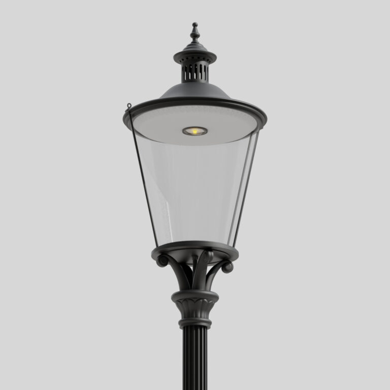 Крупный план классического черного уличных фонаря B6/TR в стиле ретро на светлом фоне