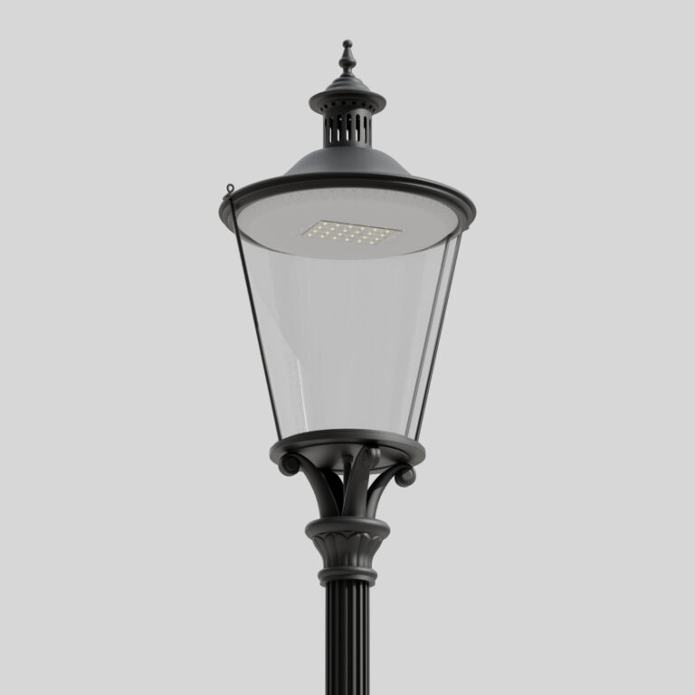 Крупный план классического черного уличных фонаря B6/TR в стиле ретро на светлом фоне