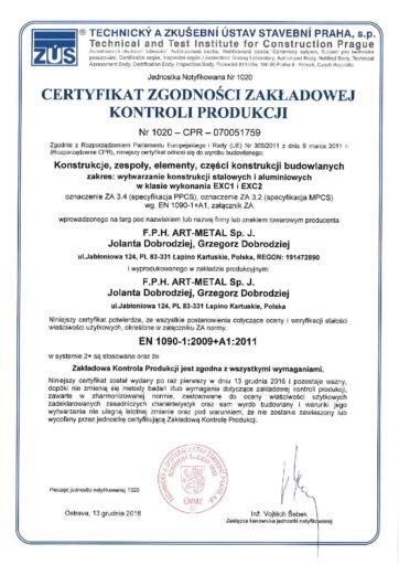 Certyfikat Certyfikat Zgodnosci Zakladowej Kontroli Produkcji (070-051759_PJ)_I