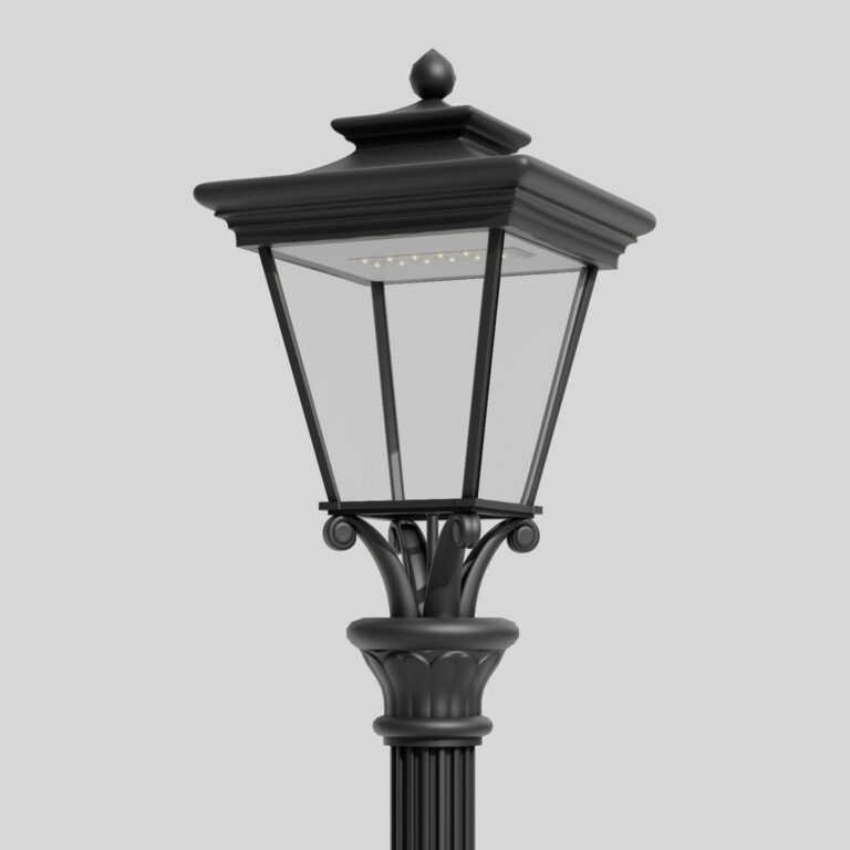Черный классический уличный фонарь A6/22M с четырехскатной крышкой и прозрачным корпусом, с видимым одиночным источником света LED.